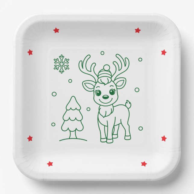 Plato De Papel Cute Christmas Reindeer Square (Anverso)