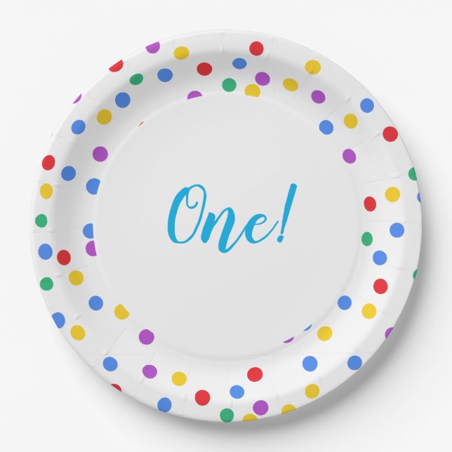 Plato De Papel Cute Colorful Confetti Dots 1º cumpleaños (Anverso)