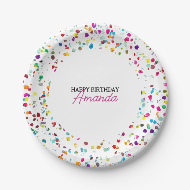 Plato De Papel Cute Colorful Confetti Primer cumpleaños (Anverso)