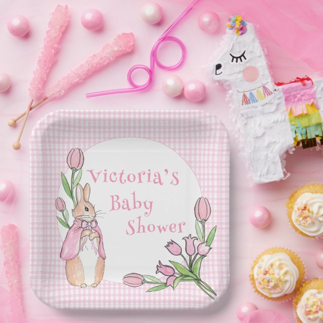 Plato De Papel Cute Conejo Conejo Rosa Gingham Baby Shower (Fiesta)