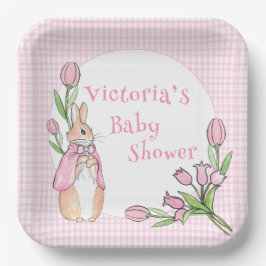 Plato De Papel Cute Conejo Conejo Rosa Gingham Baby Shower