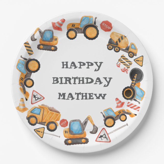 Plato De Papel  Cute Construction Birthday  (Anverso)