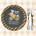 Plato De Papel Cute Construction Party for 3rd Birthday Kids<br><div class="desc">"Get ready to make unforgettable memories with this construction-themed birthday design! Perfect for a 3-year-old boy's birthday celebration, this design features vibrant shades of yellow and black with fun construction vehicles like bulldozers, excavators, and dump trucks. This fully customizable design sets the tone for an exciting party with a creative...</div>