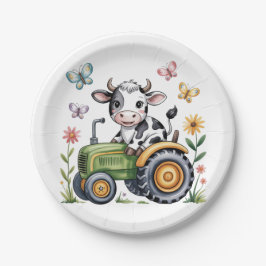 Plato De Papel Cute Cow on Tractor Boy Birthday Party