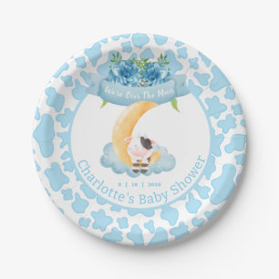 Plato De Papel Cute Cow Sobre El Baby Shower Azul De La Luna