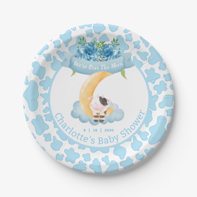 Plato De Papel Cute Cow Sobre El Baby Shower Azul De La Luna (Anverso)
