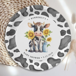 Plato De Papel Cute Cow Sunflowers Moderno Simple Farm Baby Showe