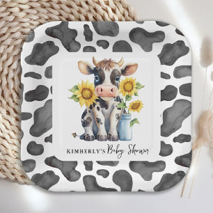 Plato De Papel Cute Cow Sunflowers Moderno Simple Farm Baby Showe