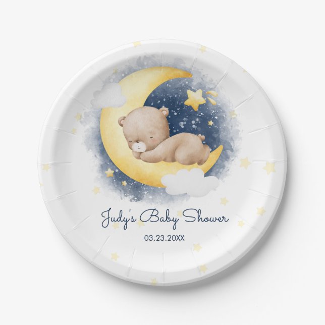 Plato De Papel Cute Crescent Moon Teddy Bear Baby Shower (Anverso)