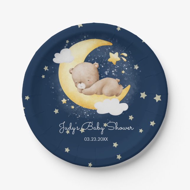 Plato De Papel Cute Crescent Navy Moon Teddy Bear Baby Shower (Anverso)