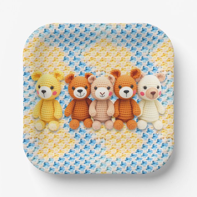 Plato De Papel Cute Crocheted Teddy Bears Boy's Baby Shower (Anverso)