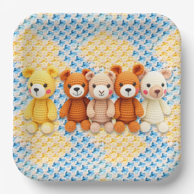 Plato De Papel Cute Crocheted Teddy Bears Boy's Baby Shower (Anverso)