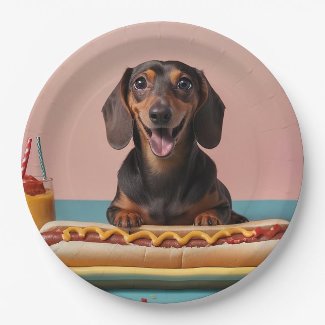 Plato De Papel Cute Dachshund Con Perro Caliente (Anverso)