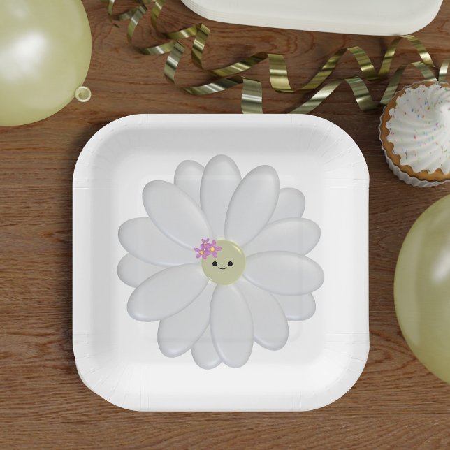 Plato De Papel Cute Daisy Flower Flower Face White Paper Placas (Cute daisy face paper plates just for you)