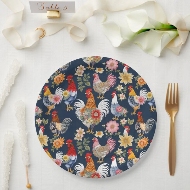 Plato De Papel Cute Denim Con Pollos De Collage Floral (Boda)