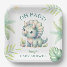 Plato De Papel Cute Dino Jungle Triceratops Dinosaur Baby Shower
