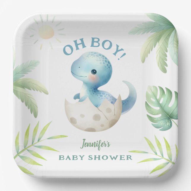 Plato De Papel Cute Dino Oh Boy Dinosaur Baby Shower (Anverso)