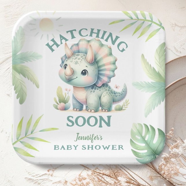 Plato De Papel Cute Dino Triceratops Dinosaur Green Baby Shower (Subido por el creador)
