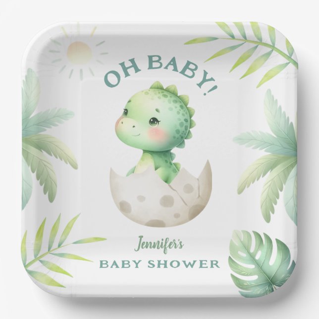 Plato De Papel Cute Dino Tropical Dinosaur Baby Shower (Anverso)