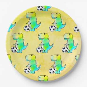 Plato De Papel Cute Dinosaur ama al fútbol acuarela