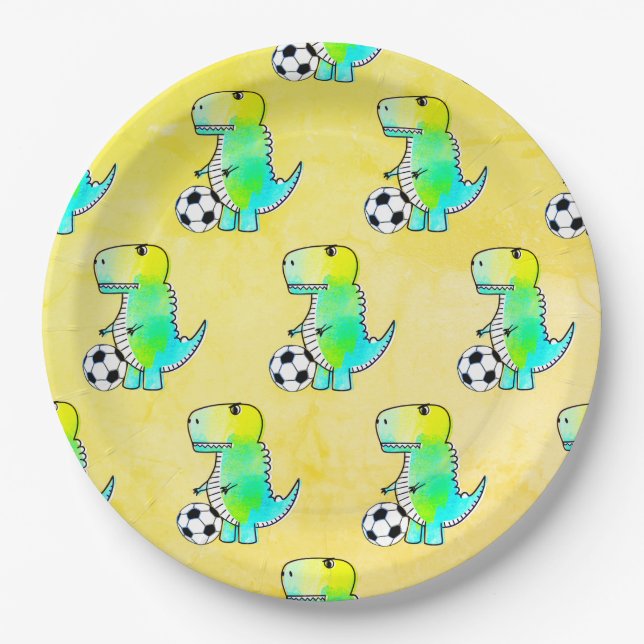 Plato De Papel Cute Dinosaur ama al fútbol acuarela (Anverso)
