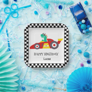 Plato De Papel Cute Dinosaur Birday racing car boy nombre