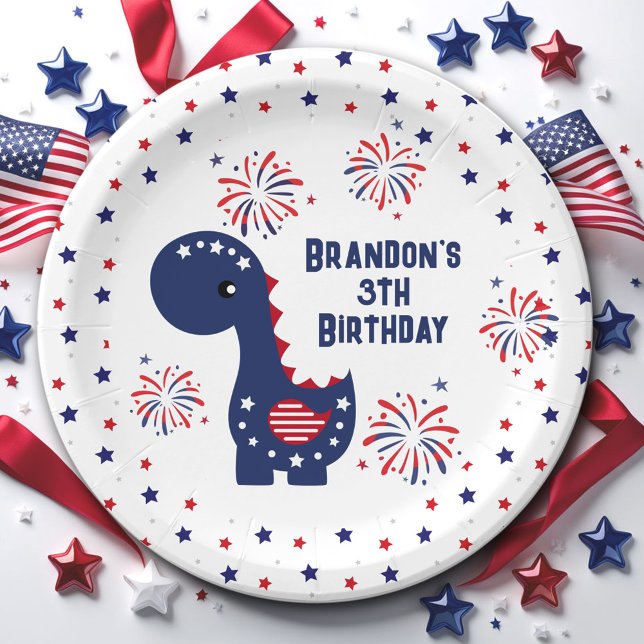 Plato De Papel Cute Dinosaur Cumpleaños 4 de Julio (Cute Dinosaur Boy Birthday 4th of July Paper Plates)