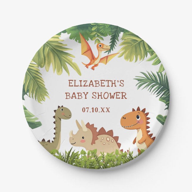 Plato De Papel Cute Dinosaur Greenery Baby Shower (Anverso)
