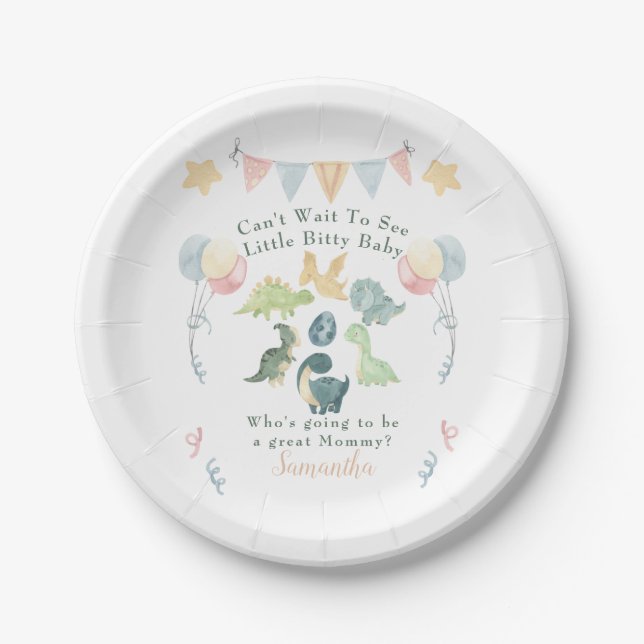 Plato De Papel Cute Dinosaur Watercolor Baby Shower (Anverso)