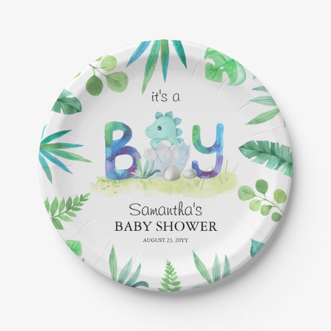 Plato De Papel Cute dinosaurio 'It's a Boy' Baby Shower (Anverso)