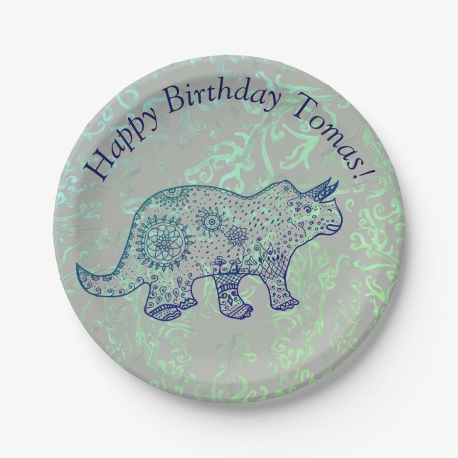 Plato De Papel Cute dinosaurio personalizado cumpleaños Placas de (Anverso)
