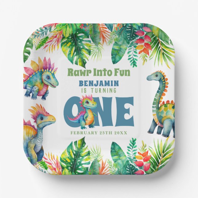 Plato De Papel Cute Dinosaurio Tema Primer cumpleaños Niño acuare (Anverso)