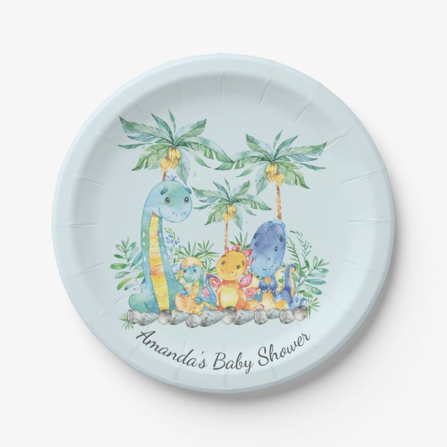 Plato De Papel Cute dinosaurios Baby Shower 7" Plate (Anverso)