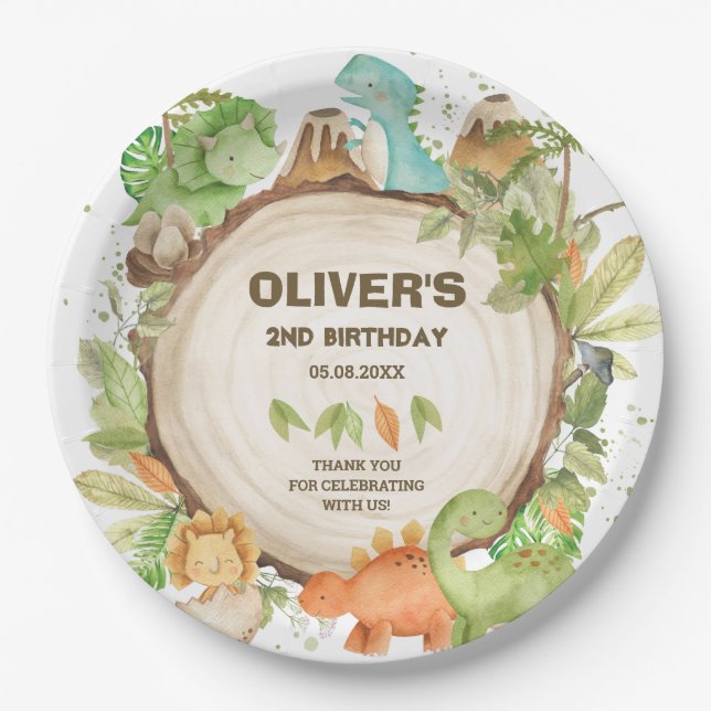 Plato De Papel Cute Dinosaurios Boy Nacimiento Verde Foliage (Anverso)