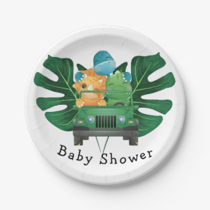 Plato De Papel Cute Dinosaurios Safari Vehículo Boy Baby Shower