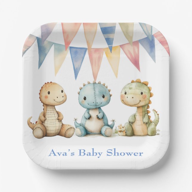 Plato De Papel Cute dinosaurios y amigos Boy Baby Shower (Anverso)