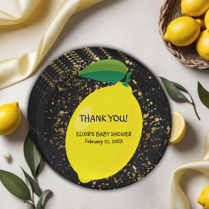 Plato De Papel Cute Divertido amarillo Lemon Gold Purpurinas Baby