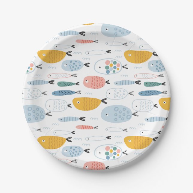Plato De Papel Cute Doodle School of Fish Pattern (Anverso)