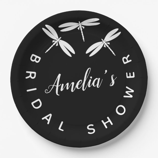 Plato De Papel Cute Dragonflies  Black  Despedida de soltera  (Anverso)