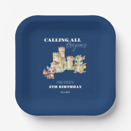 Plato De Papel Cute Dragons Castle Fairytale Navy Kids Cumpleaños