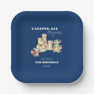 Plato De Papel Cute Dragons Castle Fairytale Navy Kids Cumpleaños