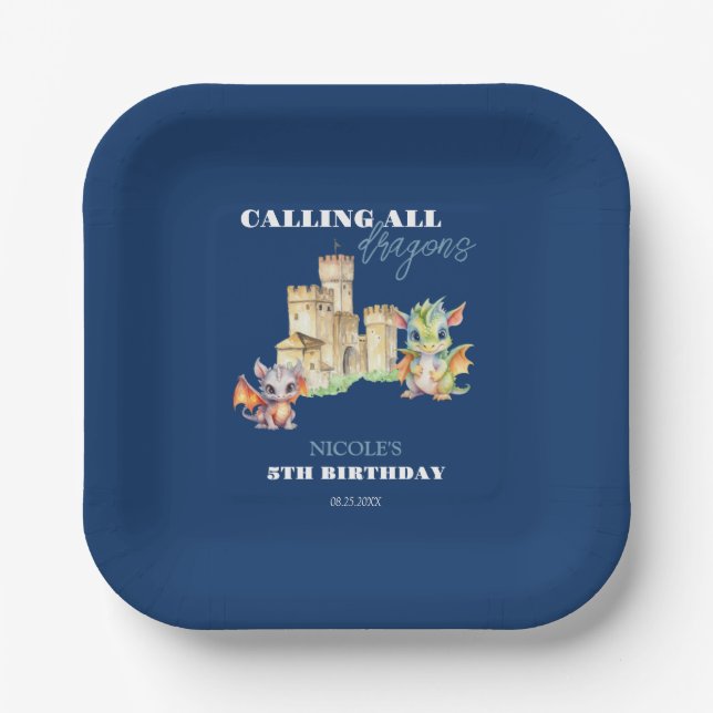 Plato De Papel Cute Dragons Castle Fairytale Navy Kids Cumpleaños (Anverso)