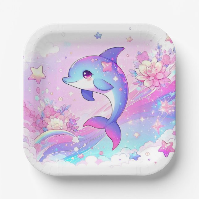 Plato De Papel Cute Dreamy Dolphin Baby Shower (Anverso)