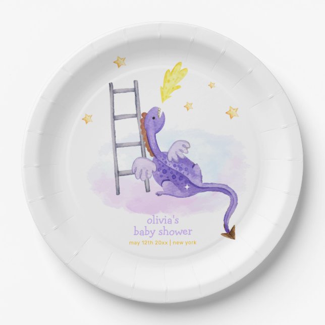 Plato De Papel Cute Dreamy Fairytale Dragon Stars Baby Shower (Anverso)