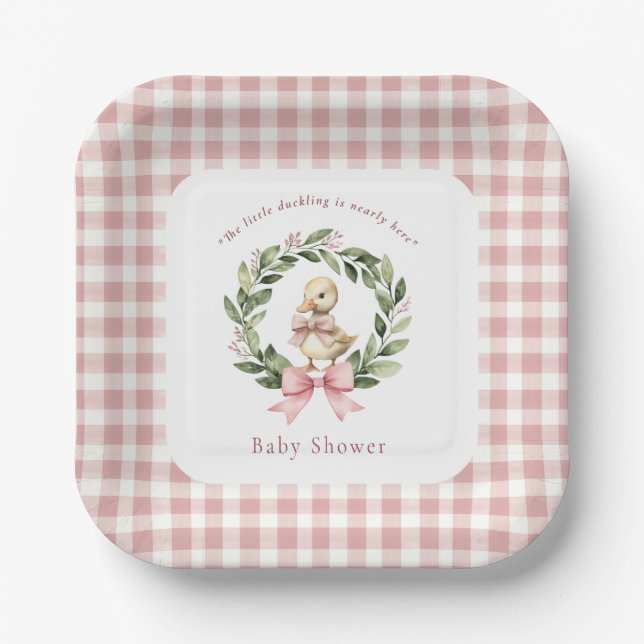 Plato De Papel Cute Duckling Pink Gingham Baby Shower Plates (Anverso)
