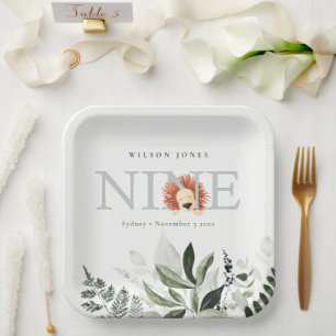Plato De Papel Cute Dusky Blue Lion Foliage Noveno Cumpleaños