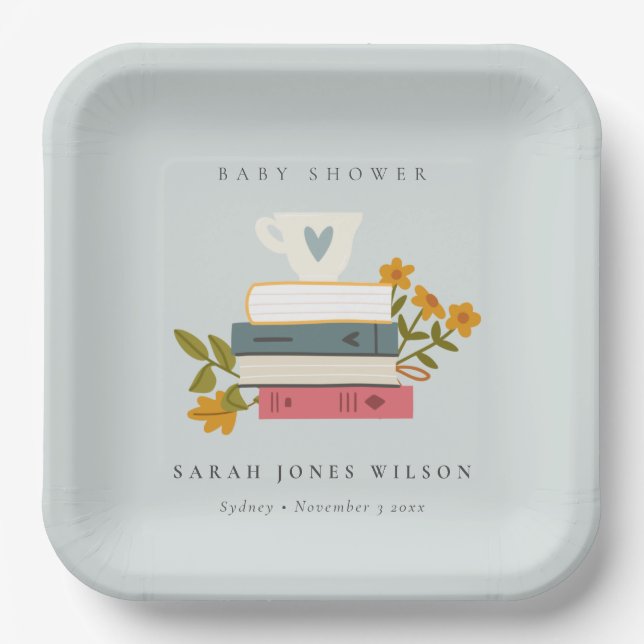 Plato De Papel Cute Dusky Stowbooks Floral Baby Shower (Anverso)