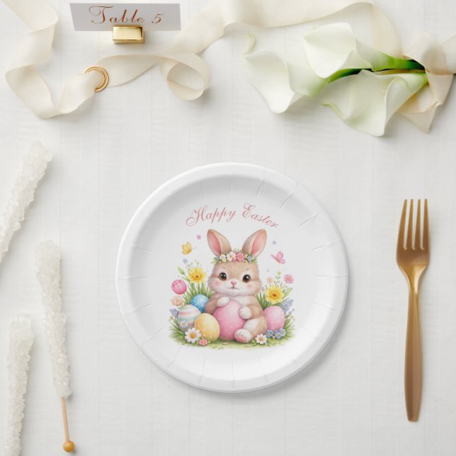Plato De Papel Cute Easter Bunny Rabbit Pink Blush Peony (Boda)