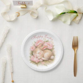 Plato De Papel Cute Easter Bunny Rabbit Pink Blush Peony