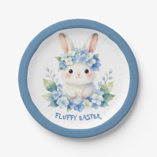Plato De Papel Cute Easter Bunny Watercolor with Hydrangea